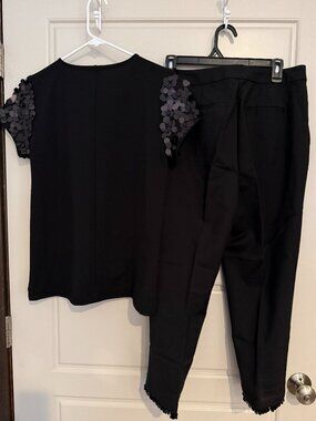 Ann Taylor Sequin Sleeve Top & Chico's Sequin Hem Pants Set Black Petites